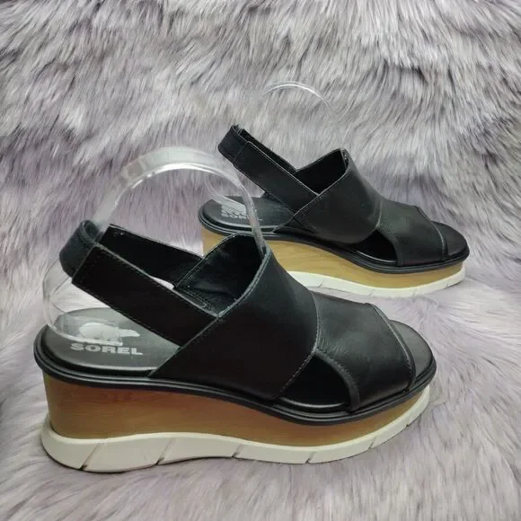 Sorel Joanie III Leather Slingback Open Toe Platform Sandals Women Size 10 Black - Picture 2 of 9